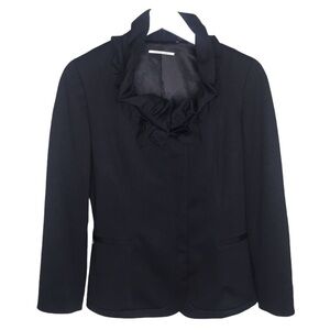 TAHARI Zip Front Blazer Jacket With Shoulder Pads & Ruffle Detail Black Medium